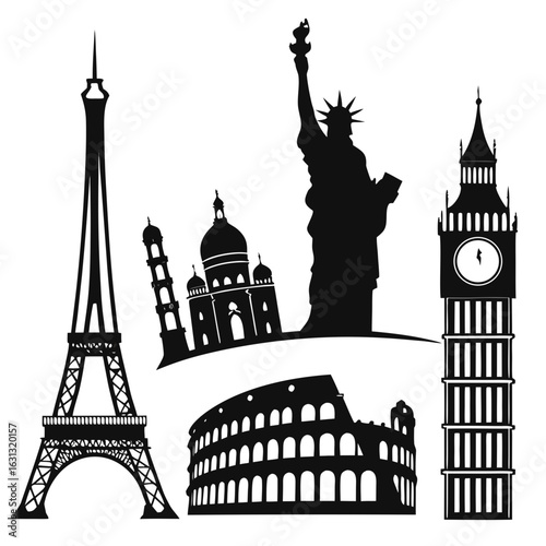 Set of World Landmark Silhouettes – Eiffel Tower, Statue of Liberty, Taj Mahal and More in Black Vector

