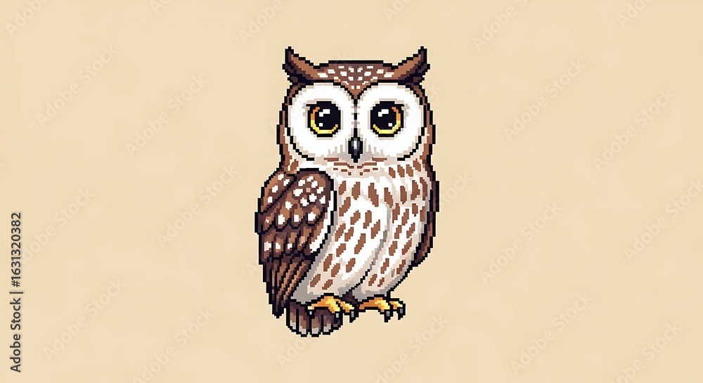 Obraz premium Cute pixel art owl illustration with big eyes. Charming 8-bit retro style nocturnal bird character on a simple background.