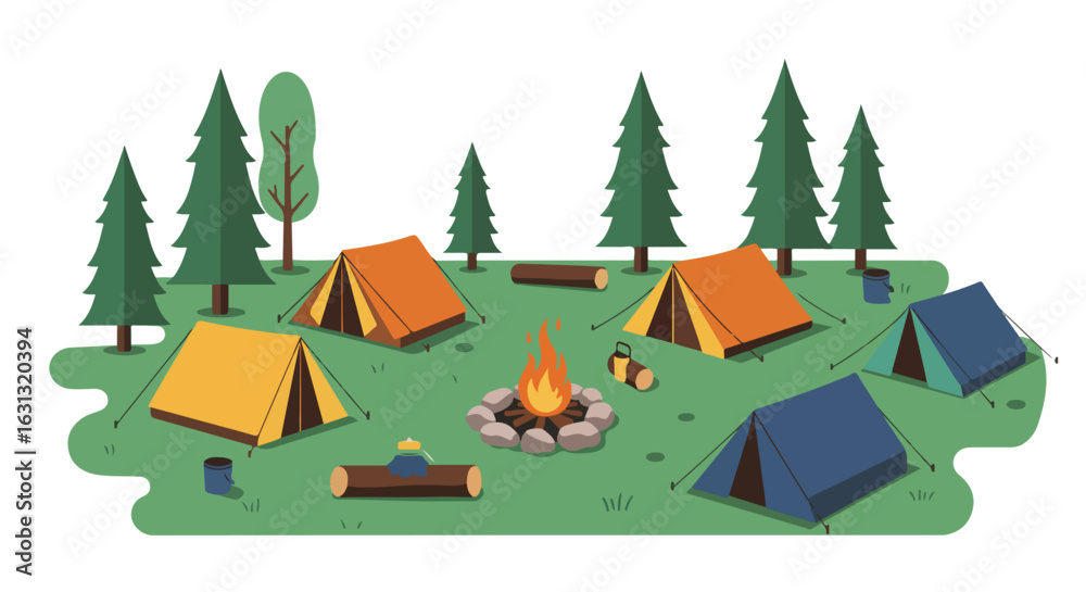Fototapeta premium Tents surrounding a fire in a forest camping spot, illustration for outdoors