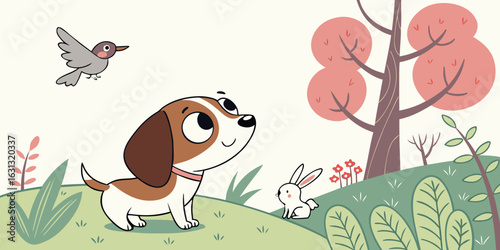 A cartoon illustration of a cute puppy with a brown tail happily sitting on a flower with a butterfly flying nearby