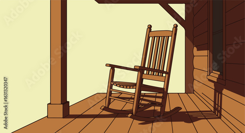 Rocking chair sits on porch; relaxing, peaceful country scene; shadows. Home decor use