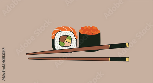 Sushi set with chopsticks on a solid background for a menu or food blog