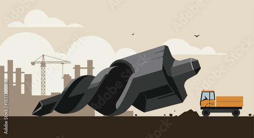 Large Drill Bit Near Dump Truck at a City Construction Site Illustration