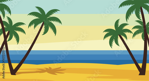 Palms sway on sandy coast; ocean backdrop. Summer illustration for travel ads