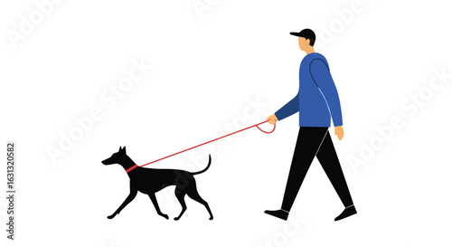Man walks dog on leash against blank background, for health, companionship
