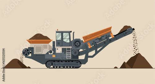 Mobile Crusher Crushing Rocks into Gravel in Construction Site; Plain Background