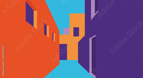 Abstract colorful buildings creating a perspective, with a bright blue background