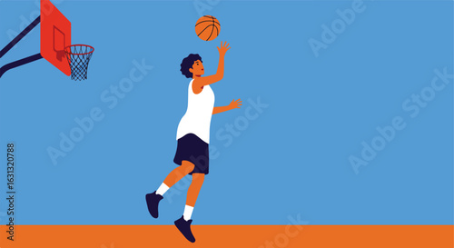 Solo basketball player shooting at hoop on blue outdoor court, aiming for the basket