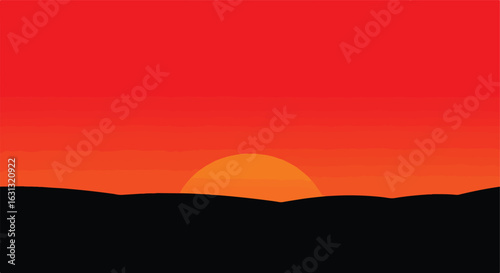 Horizon sunset over hills casting silhouettes. Design asset for web use