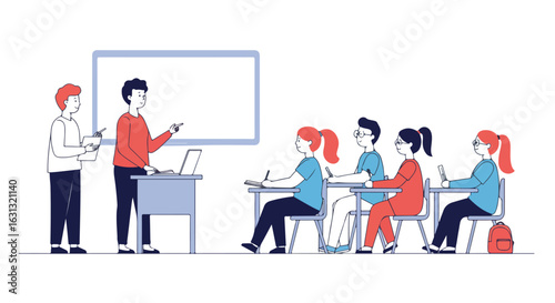 Teaching in classroom. Students listening to teacher, assistant is taking notes