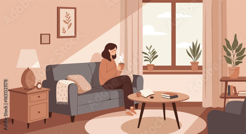 Woman drinks coffee while reading at home, sunlight streams through window