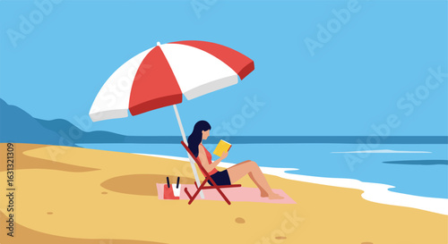Woman reading on a beach chair under umbrella at seaside. Mountain background
