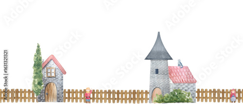 Obraz na płótnie Stone house, tower, wooden fence, green tree, cat and cheerful villagers standing by the fence