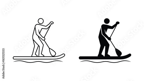 Stand-Up Paddleboarding Icon:  Simple Line Art and Solid Black Silhouette Illustrations, Active Lifestyle, Water Sports Graphic.