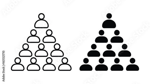 Hierarchical Structure: Outline and Solid Icon Set, Representing Team Organization, Business Management, and Corporate Hierarchy.