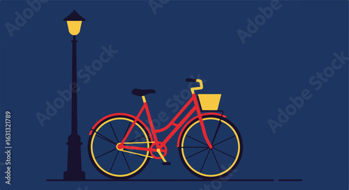 Red bicycle parked on a street under a lamppost in a dark night background use