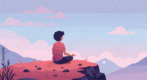 Woman meditates atop cliff with mountain vista; for wellness, travel, solitude