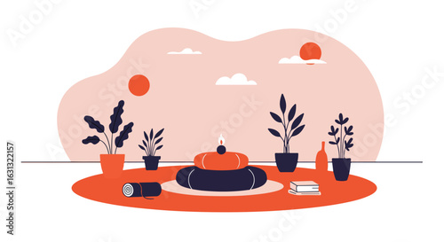 Meditation Area, Flat Illustration. Background Sky, Sun, Clouds. For yoga websites