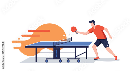 Man playing ping pong with an orange, streaming background. Useful for sports