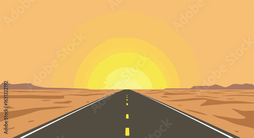 Desert road at sunset with mountains, for journey, travel, and adventure concepts