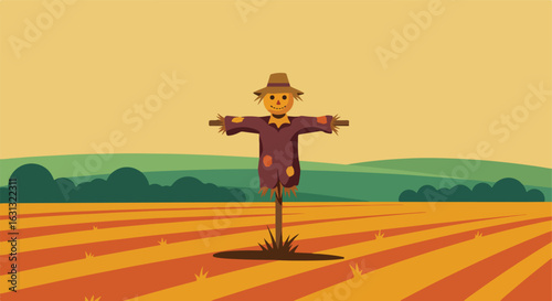 Cartoon scarecrow stands in a farm field with green hills against a light orange sky