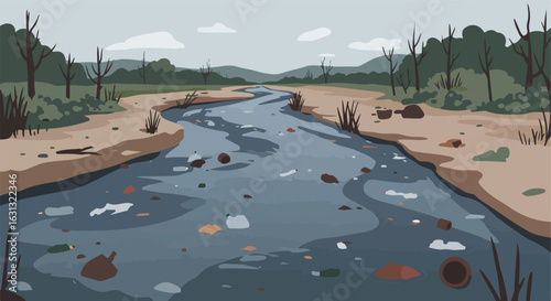 Polluted river flows to background forest mountains. Environment issues use