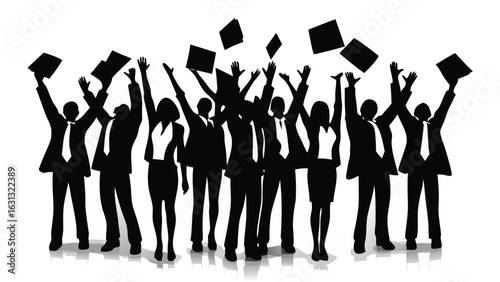 Silhouette of a group of business people throwing their hats in the air celebrating success together