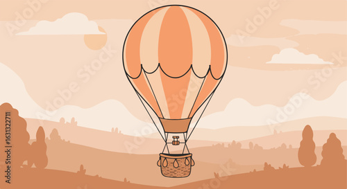 Hot air balloon floats over a scenic rural landscape at sunset, use for travel ads