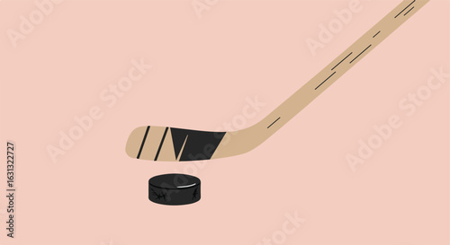 Hockey stick over a puck on pink; graphic illustration for web design and education