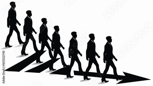 Silhouetted businessmen walking on arrows pointing right in a line representing direction and leadership