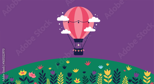 Cartoon hot air balloon flies above a meadow with flowers against a purple sky