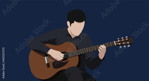 Anonymous musician plays guitar solo against a dark blue background. Web design