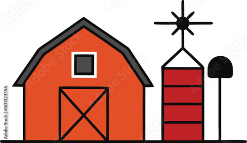Rustic barn with silo and weather vane illustration