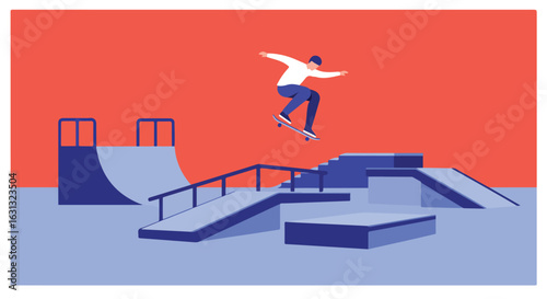 Skateboarder jumps at a skate park with ramps over a solid red background