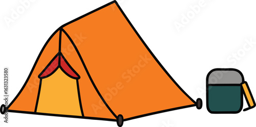 Camp tent pitched with sleeping bag and lantern illustration