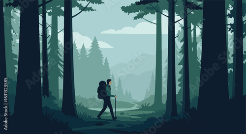 Hiker trekking on a forest trail, with trees and mountain landscape in background
