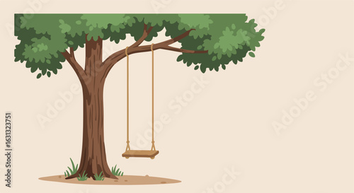 Illustrated tree with a swing for playground design on blank background for text