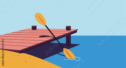 Paddle rests on dock, ocean background. Relaxation or summer vacation concept