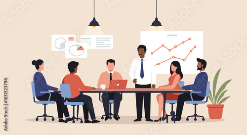 Team at meeting, reports and laptop in view, for corporate use illustration