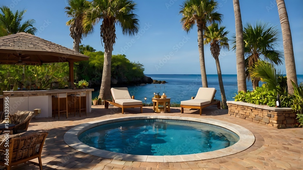 Fototapeta premium Island terrace with jacuzzi and tiki torches