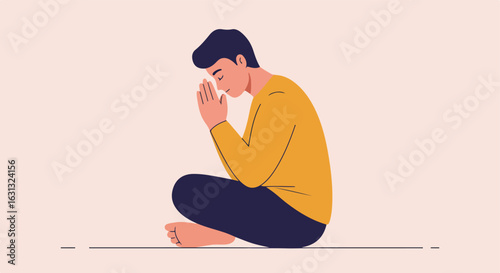 Person meditating while sitting cross-legged indoors in a peaceful solid background