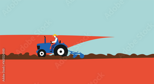 Farmland Farmer plows the field in a rural landscape against a clear sky