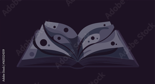 Open mystical book lying down on a flat surface in a dark background