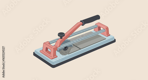 Tile cutter tool cutting grey tiles on surface with neutral background for DIY use