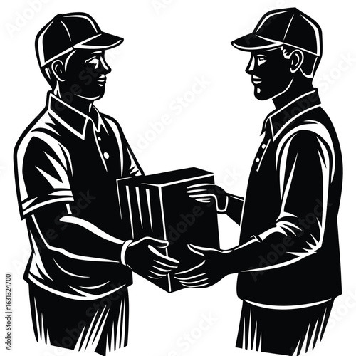 Two delivery men exchanging a package workers uniform