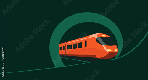 Orange passenger train entering tunnel; graphic for travel or business in dark setting