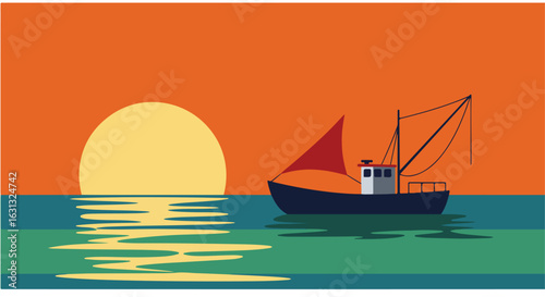 Retro Fishing Boat at Sea, Sunset, Graphic, For Travel, Vacation, or Maritime Industry