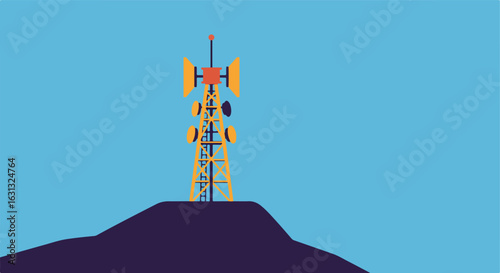 Tower on hill, transmitting signals against a plain blue sky, for tech use