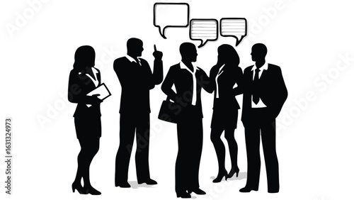Silhouette of business team having a discussion with speech bubbles above their heads in black and white