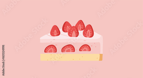 Strawberry shortcake slice on pink; food illustration for menu, recipe blogs